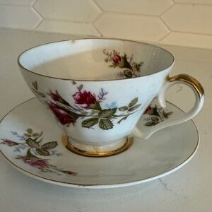 Vintage Floral Porcelain Teacup and Saucer - White with Pink Rose Accents
